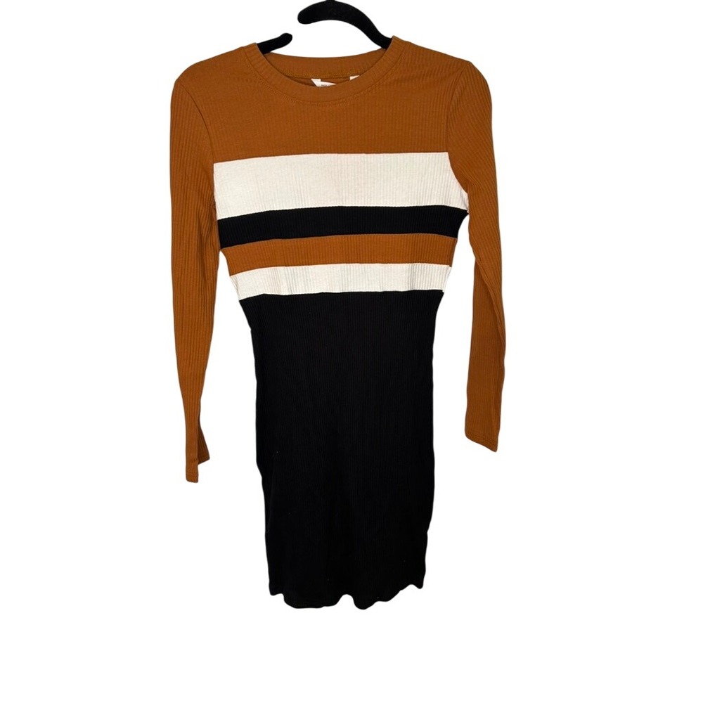 PatPat Womens Bodycon Dress Long Sleeve Striped Ribbed Casual Black Brown‎ NWT